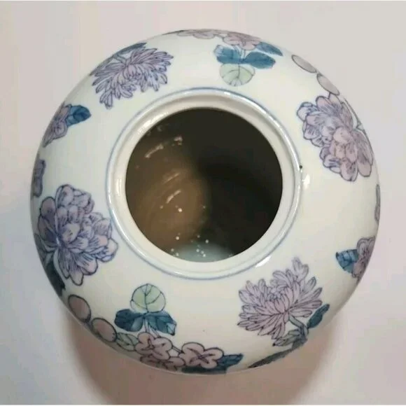 Vtg Chinese Ginger/Temple Jar Temple with Lid Pink Florals Green Leaves on White